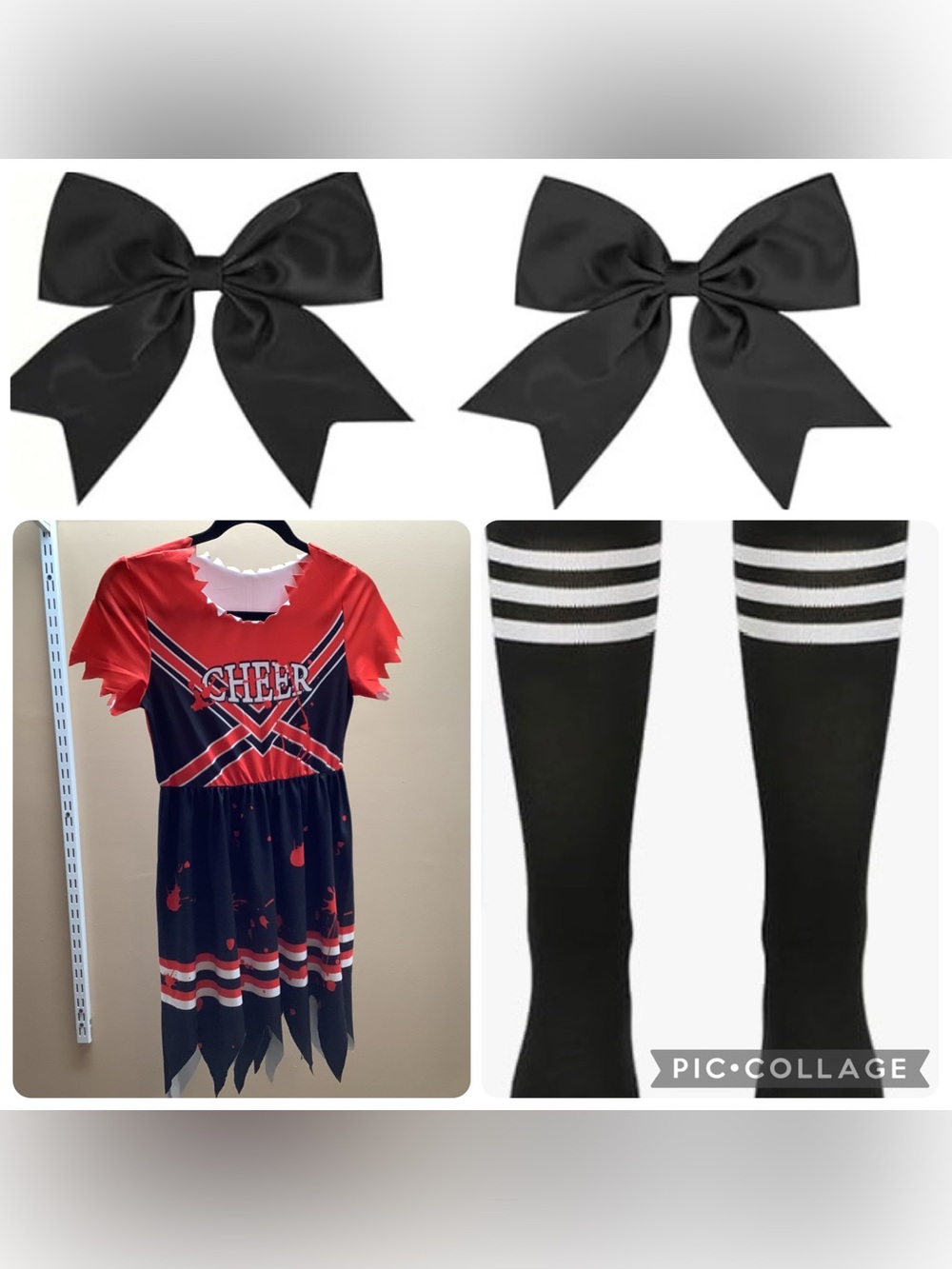 Girls Size 9-10 Zombie Cheerleader Costume Set W/Hair Bows & Striped Knee Socks